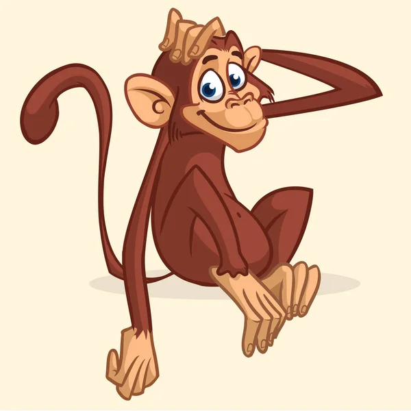 Schattige cartoon aap zitten. Vectorillustratie van de chimpansee zijn hoofd uitrekken. Kinderen boekillustratie of sticker — Stockvector