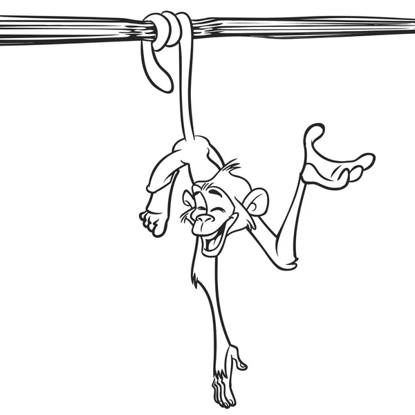 Chimpanzé de macaco bonito pendurado no contorno do ramo de madeira. Ilustração vetorial no design de estilo divertido dos desenhos animados para colorir livro — Vetor de Stock