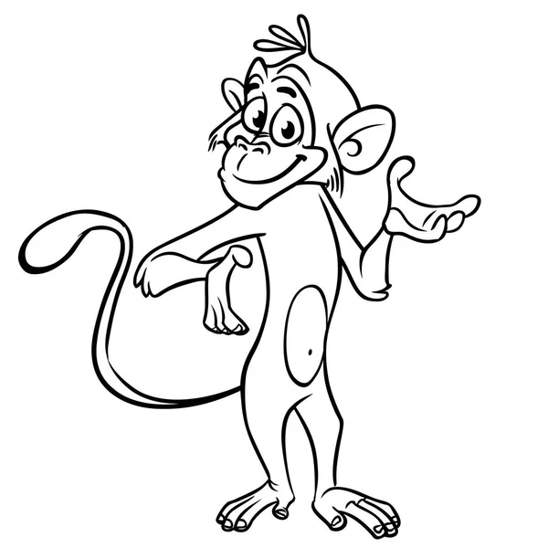 Cartoon engraçado macaco chimpanzé acenando mão e apresentando contornos. Ilustração vetorial em macaco mascote isolado linha arte —  Vetores de Stock