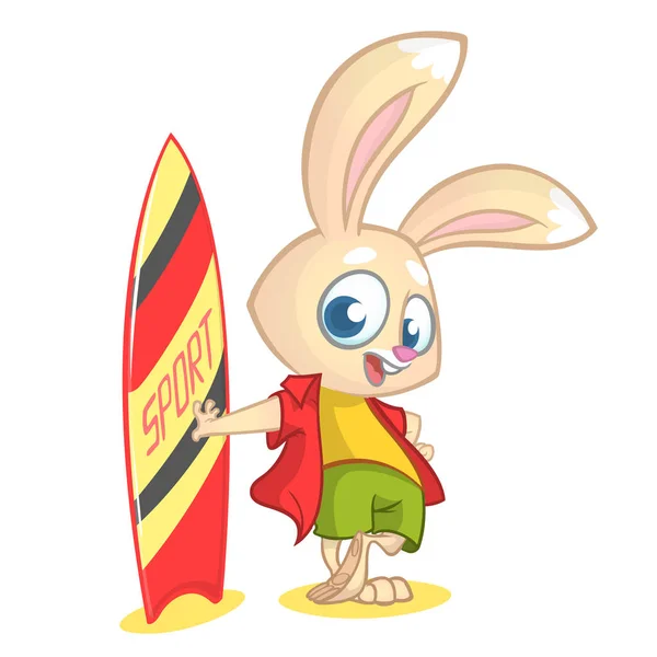 Surfista de conejo de dibujos animados. Ilustración vectorial de conejito blanco de pie con su tabla de surf aislada en blanco — Archivo Imágenes Vectoriales
