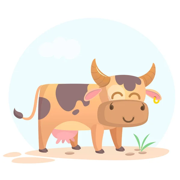 Karikatür inek gülümseyen bir vektör çizim. Üzerinde basit arka plan izole çiftlik hayvanı — Stok Vektör
