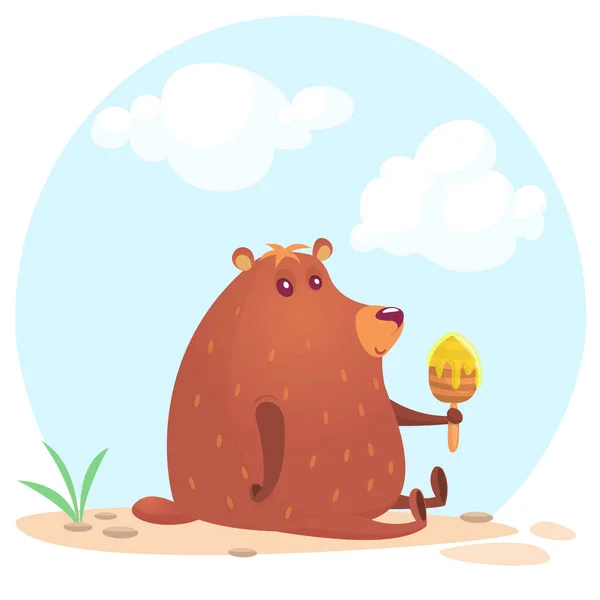 Cute cartoon brown bear holding honey wooden stick. Vector illustration of a bear sitting isolated on simple and nice design. Stock Illustration