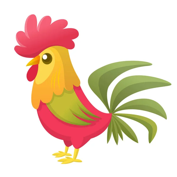 Cartoon rooster with bright feathers on the tail and a red crest. Vector illustration — Stock Vector