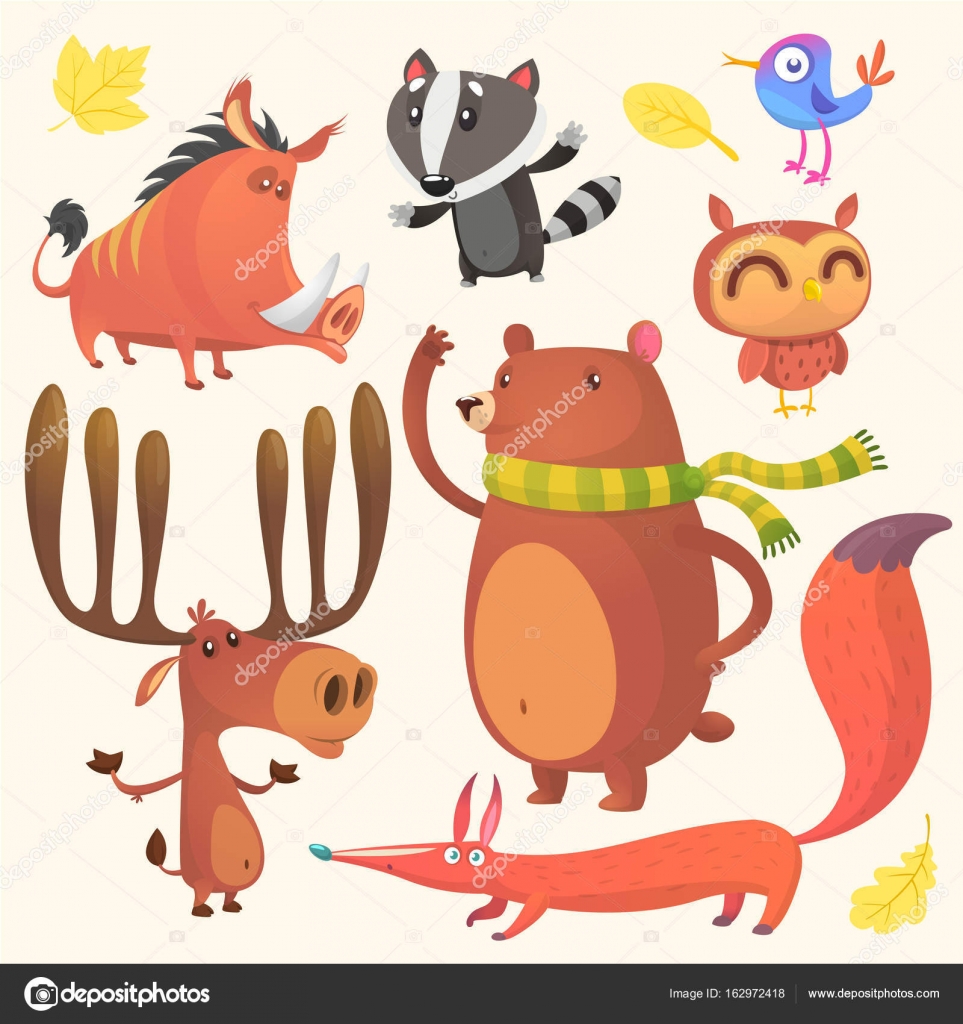 Raccolta di immagini di animali del bosco del fumetto Insieme di Raccolta di immagini di animali del bosco del fumetto Insieme di vettore delle icone animali isolato su bianco Illustrazione vettoriale di cinghiale