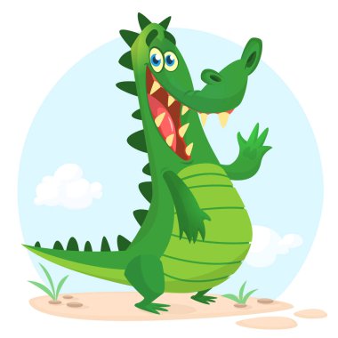 Cute crocodile or dinosaur waving cartoon. Vector character illustration for chlidren book. clipart
