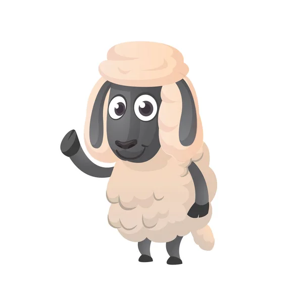 Весела мультяшна ікона овець. Векторна ілюстрація талісмана пухнастої вівці махає рукою. Відмінно підходить для друку, наклеювання або ілюстрації книги — стоковий вектор