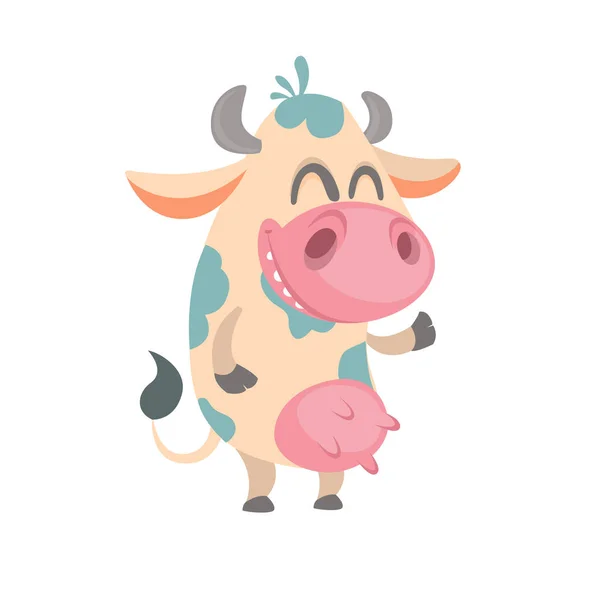 Cartoon schattig wit gevlekte koe permanent en lachen. Vector afbeelding van een koe pictogram mascotte geïsoleerd op wit. Geweldig voor afdrukken, banner of kinderen boek — Stockvector