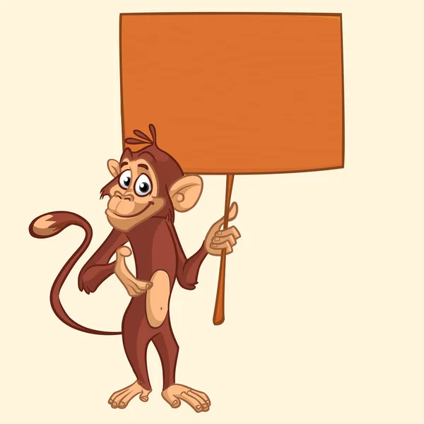 Netter Cartoon-Schimpanse mit leerem Holzschild. Vektorillustration eines lustigen Affen mit leerem Holzbrett — Stockvektor