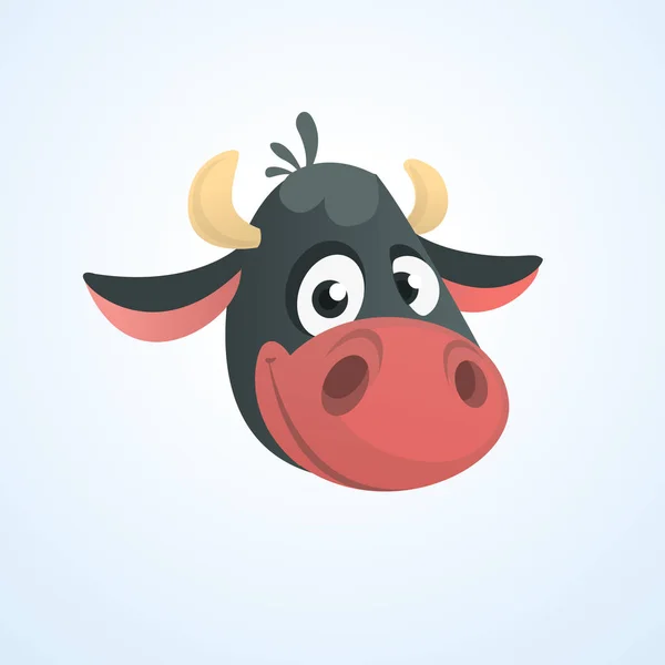 Icono de vaca linda de dibujos animados. Ilustración vectorial de una fría cabeza de vaca negra. Ideal para imprimir, pegatina, banner o emblema. Aislado sobre blanco — Vector de stock