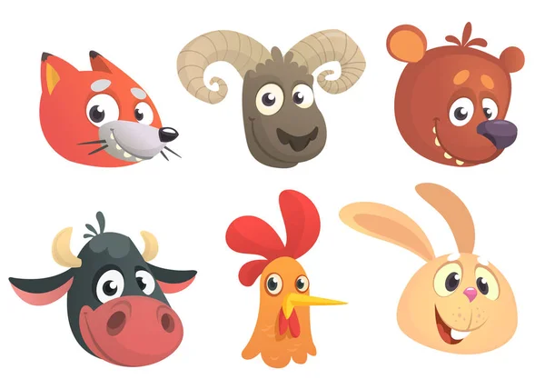 Conjunto de dibujos animados animales del bosque cabeza iconos. Colección vectorial de personajes de animales salvajes del bosque. Fox, oveja, oso, vaca, gallo o pollo, conejo. Elementos de diseño aislados . — Vector de stock