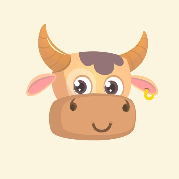 Dibujos animados marrón brillante sonriente vaca retrato mascota. Icono vectorial de una vaca linda. Ilustración aislada en blanco — Vector de stock