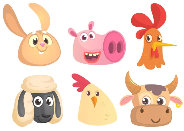 Conjunto de dibujos animados animales de granja cabeza iconos. Recogida vectorial de animales domésticos de granja. Conejo, cerdo, gallo, oveja, pollo, vaca. Elementos de diseño aislados . — Vector de stock