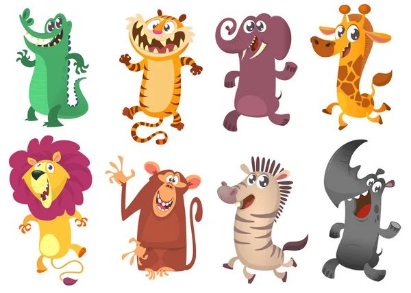 Cartoon tropical African animal set. Crocodile alligator, tiger, elephant, giraffe, lion, monkey chimpanzee, zebra and rhino — Stock Vector