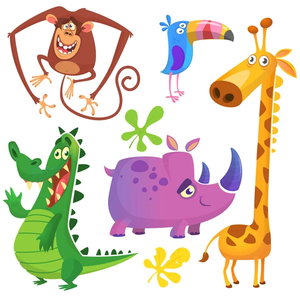 Desenhos animados conjunto animal savana Africano. Grande coleção de animais da selva dos desenhos animados. Ilustração vetorial. Crocodilo jacaré, girafa, macaco chimpanzé, tucano e rinoceronte —  Vetores de Stock