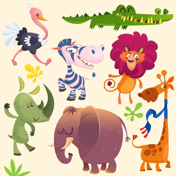 Cartoon African savanna animal set (en inglés). Animales salvajes colecciones de iconos. Conjunto de dibujos animados animales de la selva ilustración vector plano. Cocodrilo cocodrilo, jirafa, rinoceronte, cebra, avestruz, león y elefante — Archivo Imágenes Vectoriales