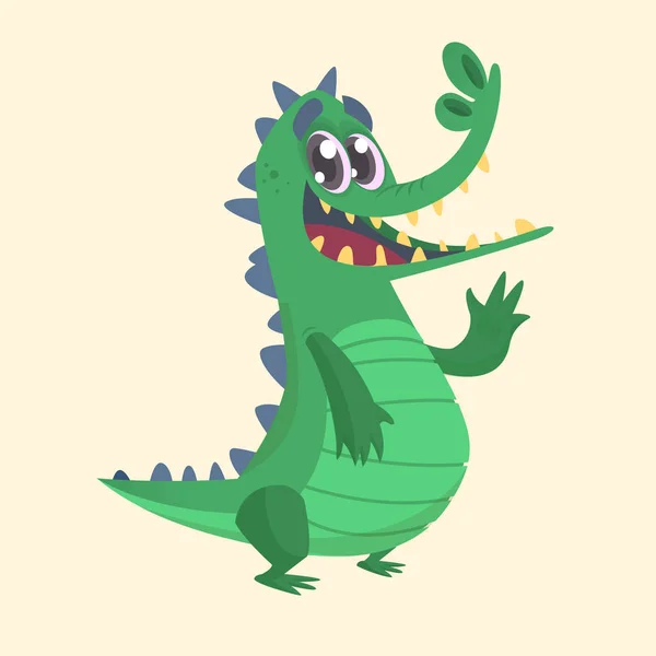 Cute cartoon crocodile or dinosaur. Vector  illustration of a green crocodile waving and presenting. Isolated on white — Stock Vector