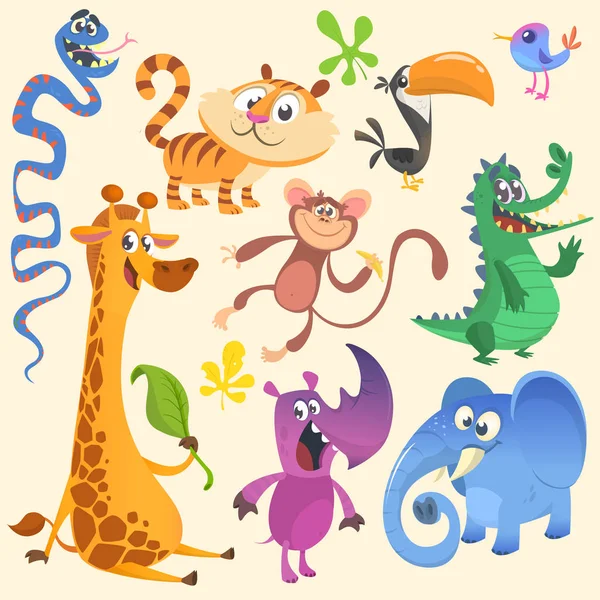 Cartoon Afrikaanse of jungle dieren set. Wild cartoon schattige dieren collecties. Vectorillustratie. Krokodil alligator, giraf, aap chimpansee, Toekan, neushoorn, olifant, bluebird, slang, tijger — Stockvector