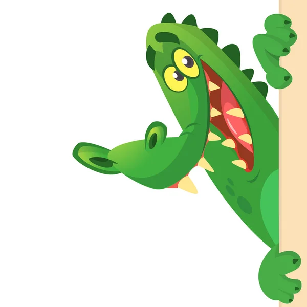 Cartoon crocodile or alligator holding and looking over a blank sign board. Vector illustration — Stock Vector