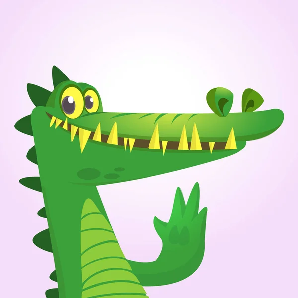 Nettes Comic-Krokodil oder Dinosaurier. Vektorillustration eines grünen Krokodils, das winkt und präsentiert. isoliert auf weiß — Stockvektor