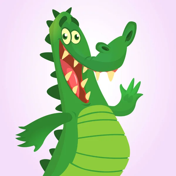 Cooles Comic-Krokodil oder Dinosaurier. Vektorillustration eines grünen Krokodils, das winkt und präsentiert. isoliert auf weiß. ideal für Animation — Stockvektor