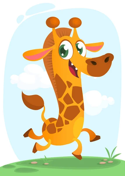 Cool giraffe running. Cartoon vector illustration of excited giraffe running over a simple savanna background. Isolated. — Stock Vector