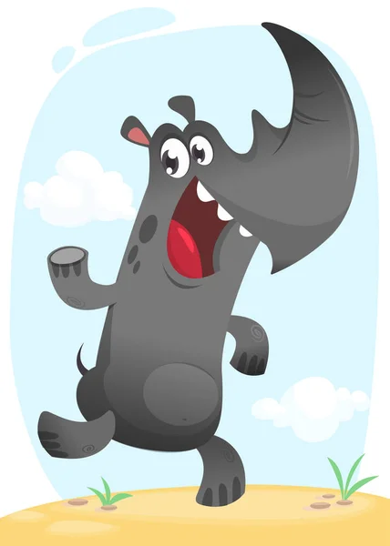 Divertido baile de rinoceronte de dibujos animados. Colección de animales tropicales salvajes. Aislado sobre fondo blanco. Ilustración vectorial de rinoceronte corriendo y sonriendo. Elemento de diseño — Vector de stock