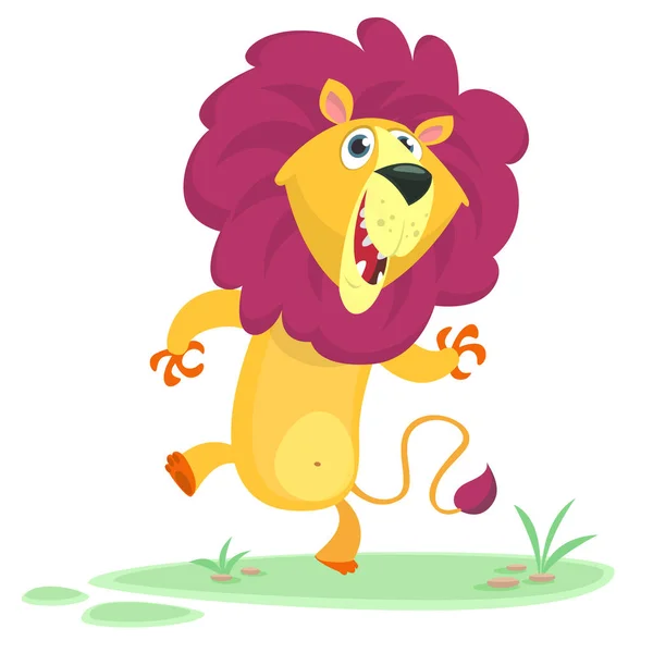 Legrační karikatura lví tanec. Vektorový obrázek izolované na jednoduché pozadí Savannah. — Stockový vektor