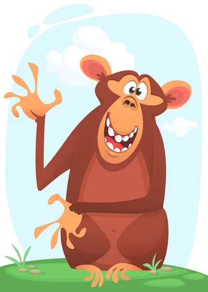Εικονίδιο χαρακτήρων κινουμένων σχεδίων χαριτωμένο μαϊμού. Χιμπατζής μασκότ, κουνώντας το χέρι και την παρουσίαση. Απομονωμένη σε απλή φύση φόντο. Εικονογράφηση διάνυσμα — Διανυσματικό Αρχείο