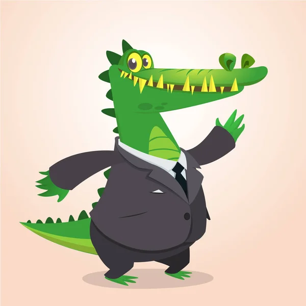Söta tecknade krokodil, alligator eller dinosaurie klädd svart affärsman kostym. Vektorillustration av en härlig krokodil maskot isolerade — Stock vektor