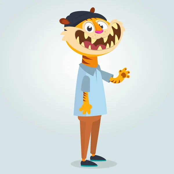 Joli regard humain. Caricature isolée : adolescent mode hipster tigre portant un chapeau noir. Illustration vectorielle plate . — Image vectorielle