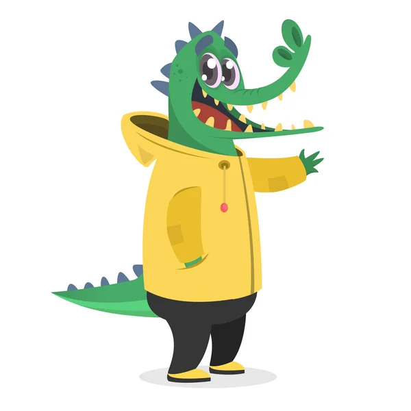 Cartoon-Hipster-Krokodil im gelben Regenmantel. Tier in Kleidung. Lässiger Stil. Zeichentrickvektorillustration. Anthropomorph. — Stockvektor