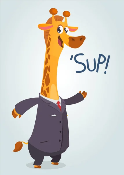 Girafa marrom dos desenhos animados vestida com terno de escritório apresentando. Ilustração de arte vetorial. Animal de moda ou animal de negócios. Girafa mascote empresário —  Vetores de Stock