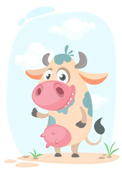 Karikatur niedliche hübsche Kuh stehend und lächelnd. Vektor-Illustration eines Kuh-Ikone Maskottchen isoliert auf weiß. — Stockvektor