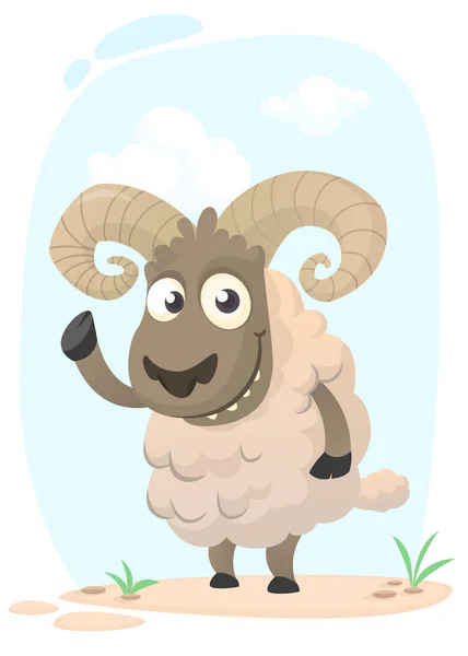 Funny cartoon sheep. Vector illustration of pretty sheep  baby. Isolated on meadow background — Stock Vector