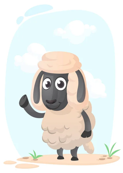 Funny cartoon sheep. Vector illustration of pretty sheep  baby. Isolated on meadow background — Stock Vector