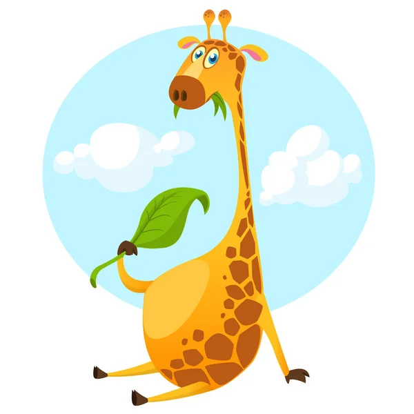 Çizgi film zürafayı karakteri. Bir yaprak yemek ve gülümseyen, güzel zürafa illüstrasyon vektör. Etiket Yazdırma veya tasarım için büyük — Stok Vektör