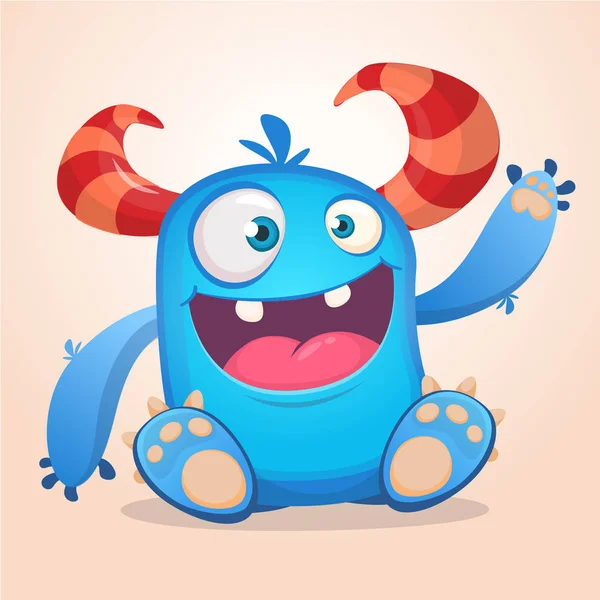 Happy cute cartoon monster. Halloween vector blue and horned monster sitting and waving. — Stock Vector