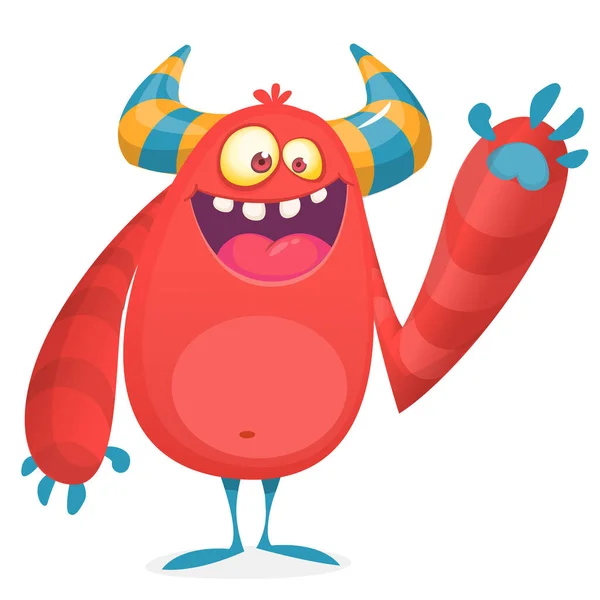 Happy cool cartoon fat monster. Red and horned vector monster character — Stock Vector