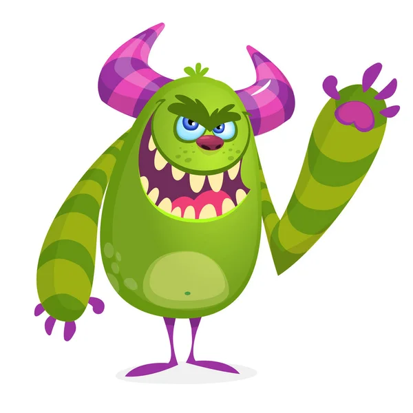 Monstruo de dibujos animados enojado verde. Carácter alienígena vectorial verde y con cuernos. Diseño de Halloween — Archivo Imágenes Vectoriales