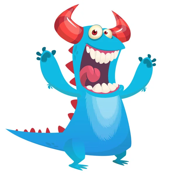 Cute blue monster cartoon scares with hands raised. Halloween vector illustration isolated — Stock Vector