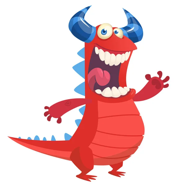 Злой милый мультяшный красный дракон-монстр смеется. Векторная иллюстрация краснорогого монстра — стоковый вектор