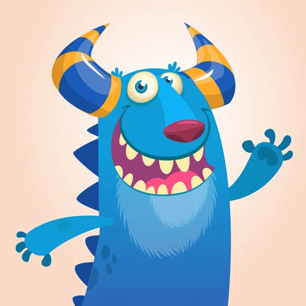 Potret kartun naga monster biru tersenyum. Vektor ilustrasi monster bertanduk biru terisolasi melambai. Desain Halloween - Stok Vektor