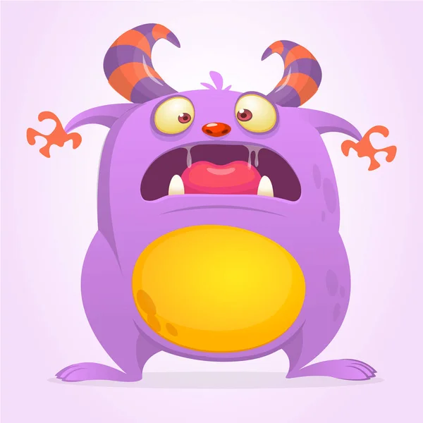 Verbaasd cute cartoon monster. Halloween vectorillustratie van violet monster mascotte. — Stockvector