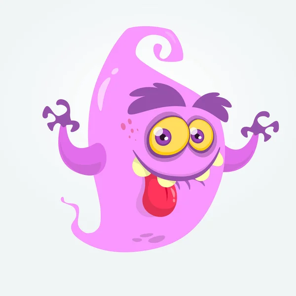 Fantasma divertido de dibujos animados mostrando la lengua y agitando las manos. Halloween vector monstruo ilustración — Vector de stock