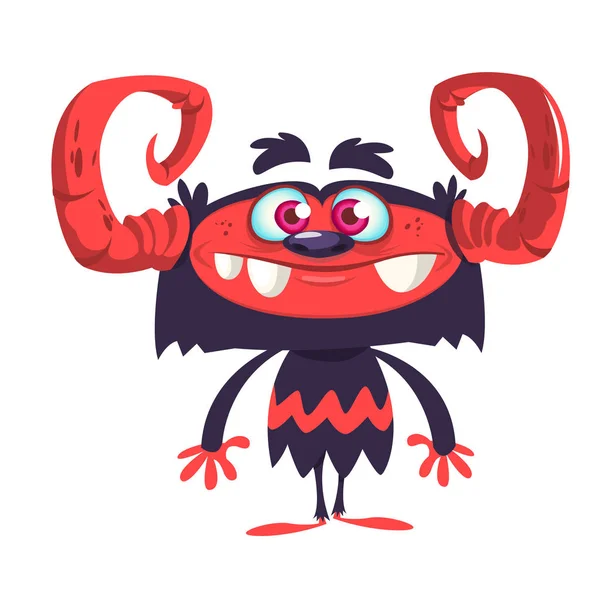Šťastné černé monstrum charakter s velkými rohy a červenou tváří. Vektorová ilustrace. Design pro tisk, maskota, ikonu nebo samolepku — Stockový vektor