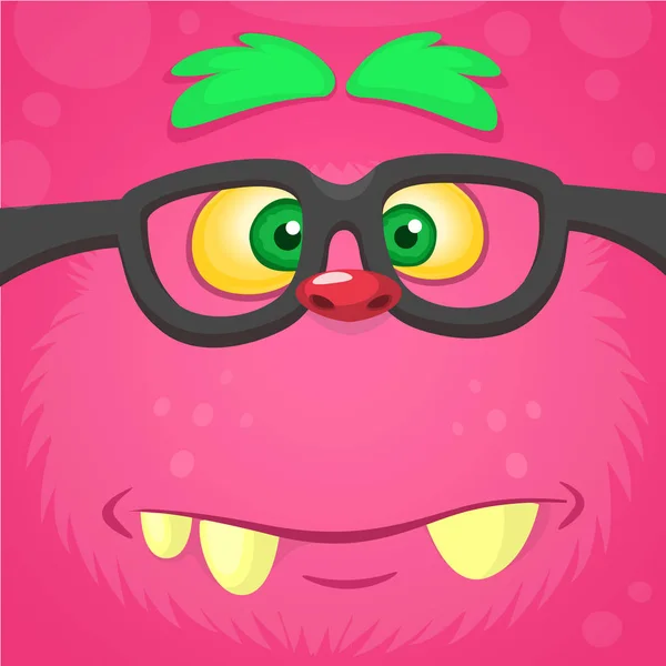 Slim monstergezicht met een bril. Halloween vector illustratie van harig roze monster — Stockvector