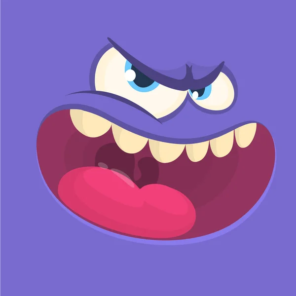 Αστείο θυμωμένο πρόσωπο τέρατος καρτούν. Διάνυσμα Απόκριες violet δροσερό avatar τέρας με πλατύ χαμόγελο — Διανυσματικό Αρχείο