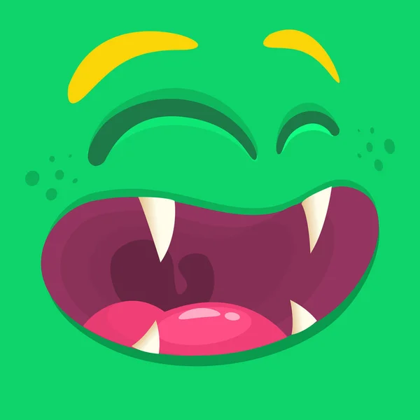 Cara de monstruo feliz de dibujos animados. Vector Halloween verde fresco monstruo avatar — Vector de stock