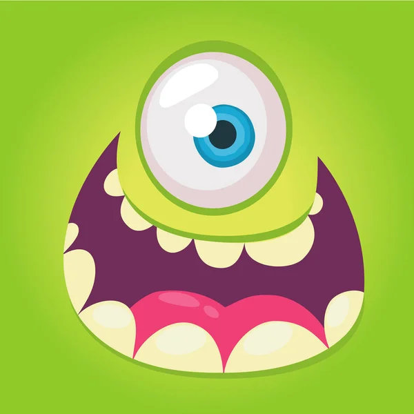 Rajzfilm monster arcát. Vektoros Halloween zöld cool szörny avatar széles mosollyal. Monster arcok nagy készlet — Stock Vector