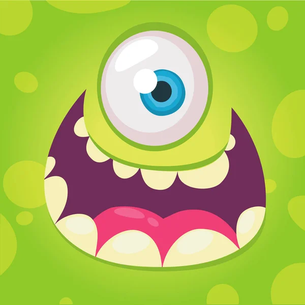 Divertida cara de monstruo de dibujos animados. Vector de Halloween verde fresco monstruo avatar con amplia sonrisa — Vector de stock